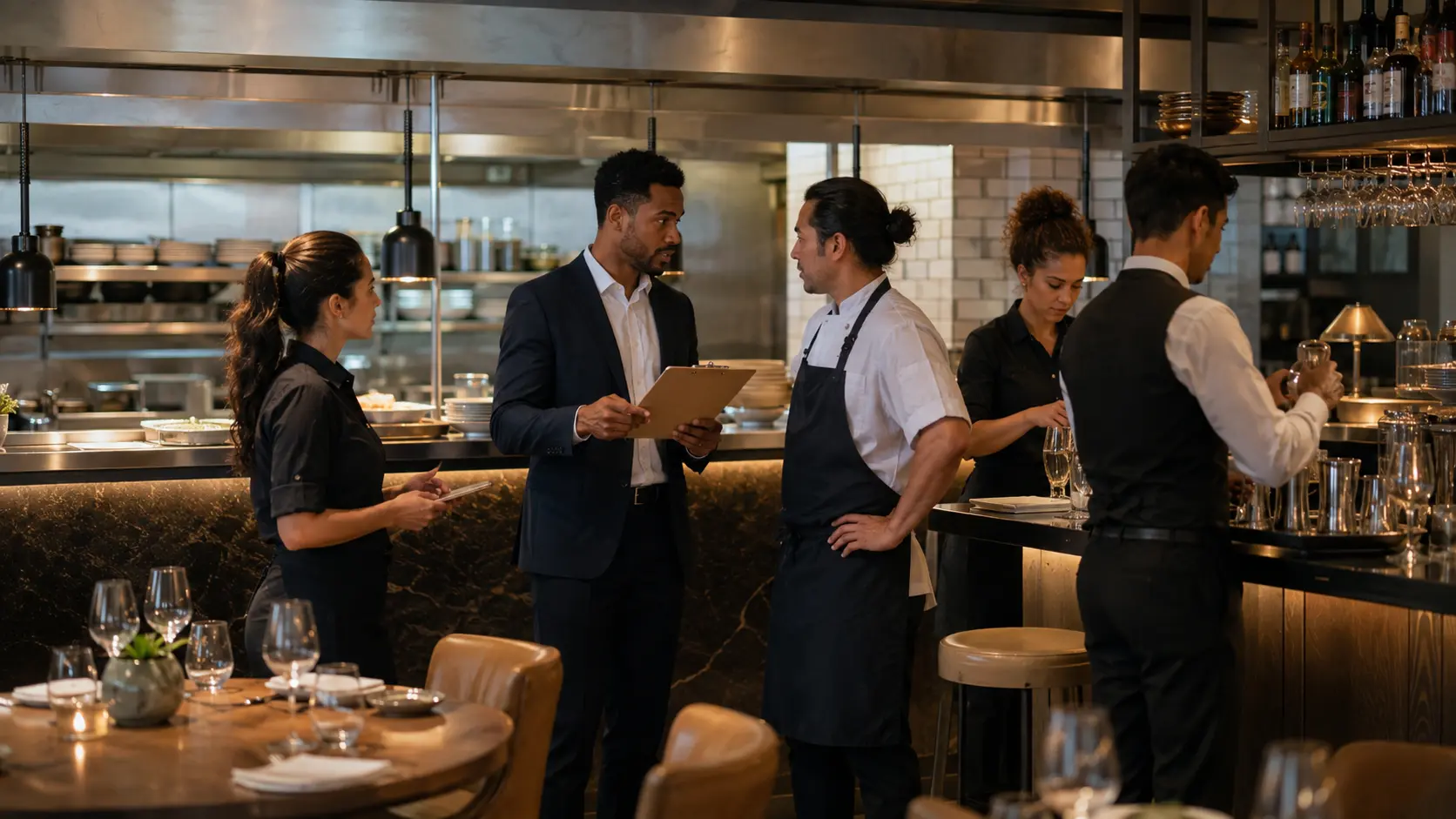 A food-and-beverage manager coordinating restaurant, bar and kitchen readiness with the operational team before service.