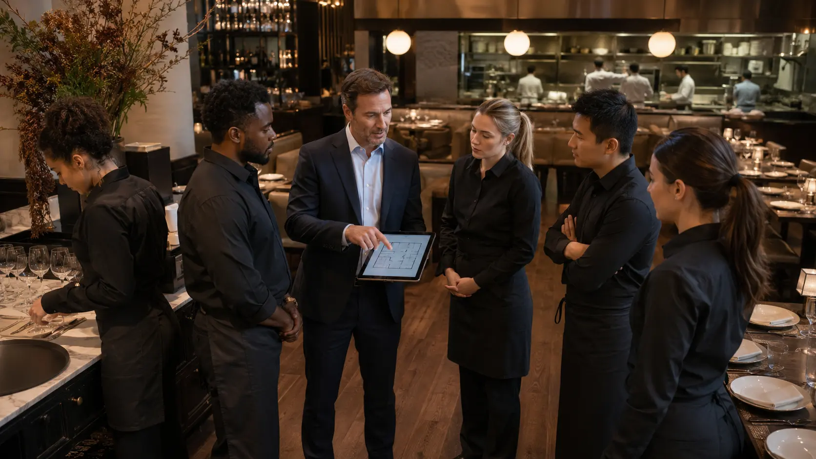 A restaurant manager using a digital floor plan to allocate service stations with the front-of-house team before service.