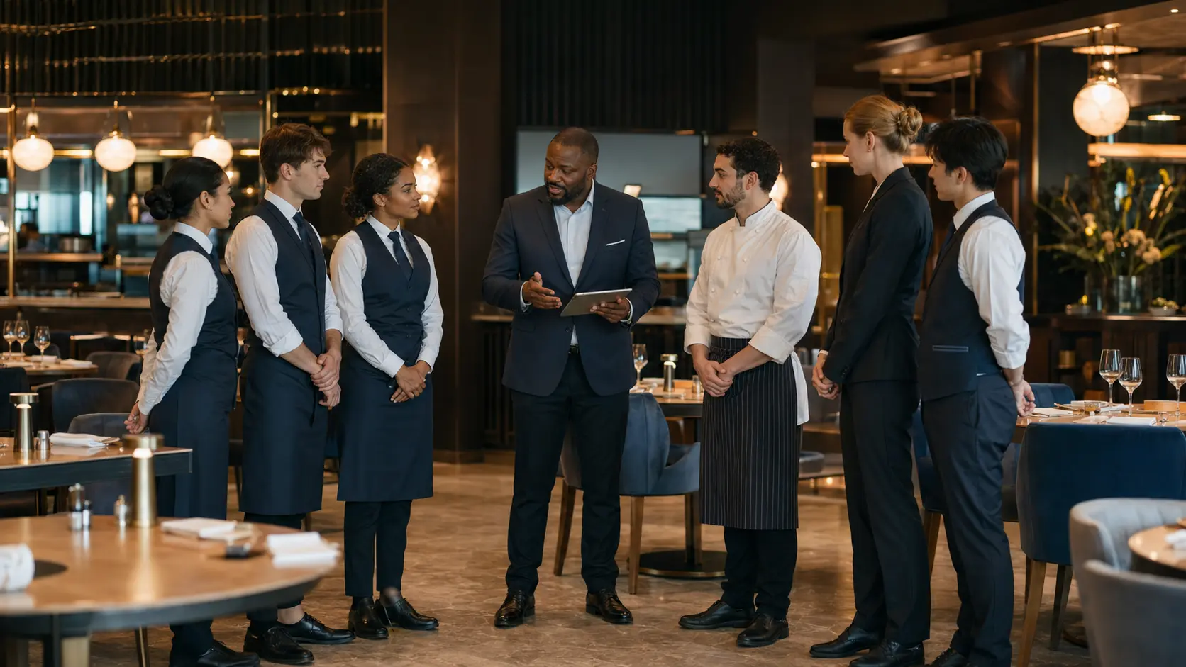 A restaurant manager leading a focused pre-shift briefing with a multicultural service team in a fully prepared dining room before opening.