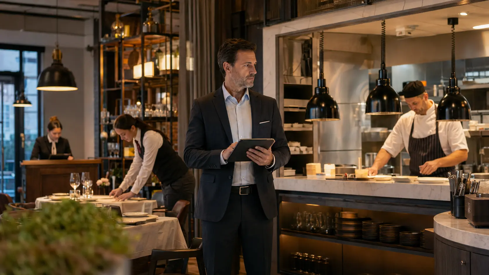 A restaurant manager reviewing the day's operational checklist while the host, service team and kitchen prepare for service.