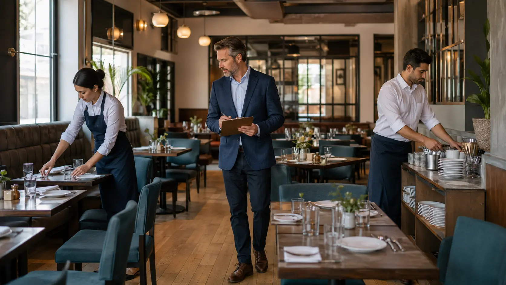 A restaurant manager completing a readiness walkthrough while team members prepare tables and a service station before opening.