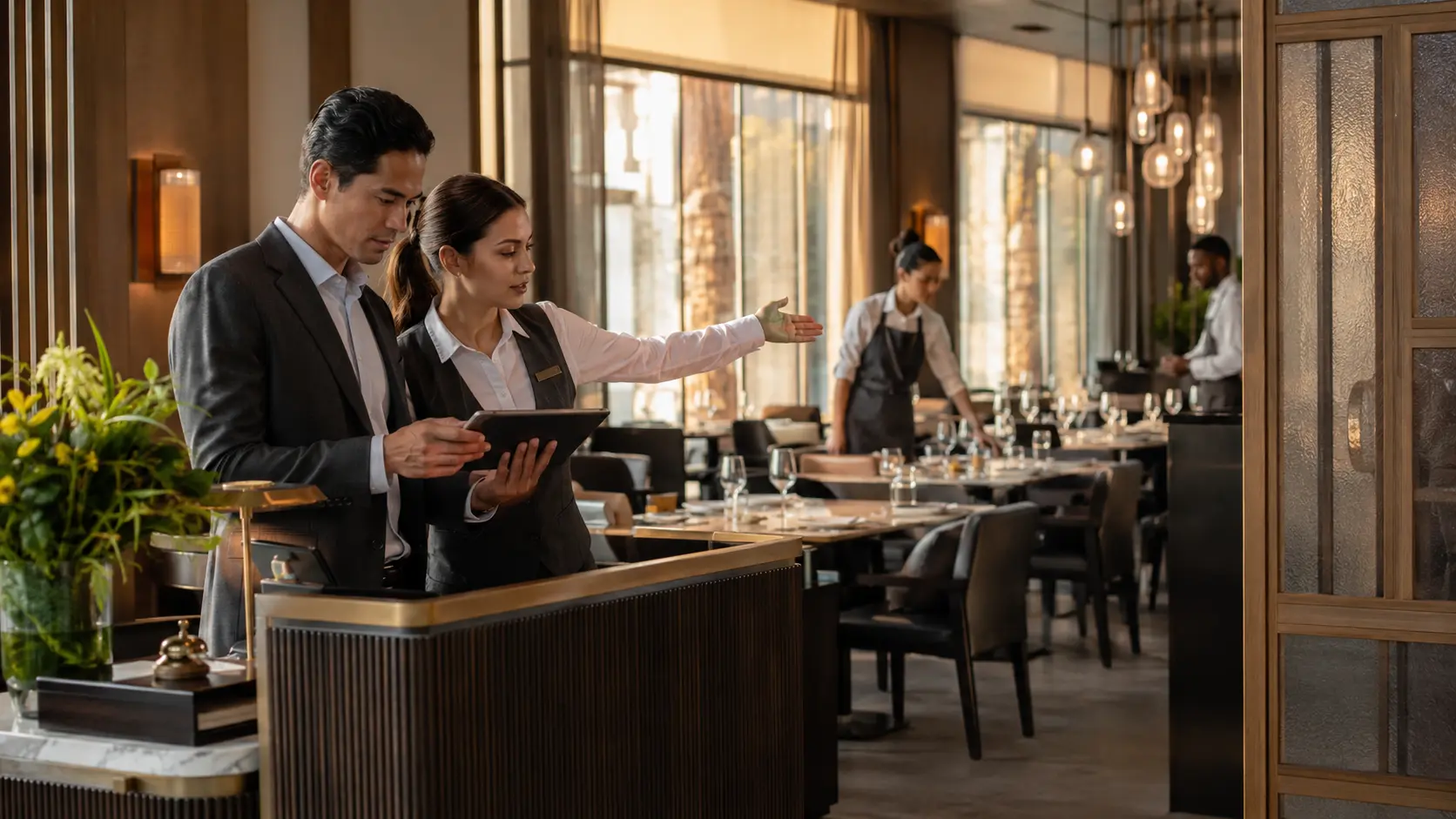A restaurant manager and host reviewing the reservation plan at the reception desk while the service team prepares the dining room.